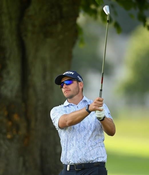 Kilkenny , Ireland - 1 July 2021; Dean Burmester of South Africa plays a shot on the 17th hole during day one of the Dubai Duty Free Irish Open Golf...
