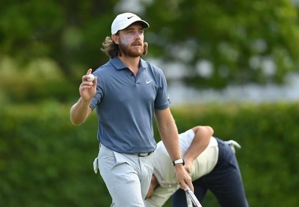 Kilkenny , Ireland - 1 July 2021; Tommy Fleetwood of England after a birdie putt on the 17th green during day one of the Dubai Duty Free Irish Open...