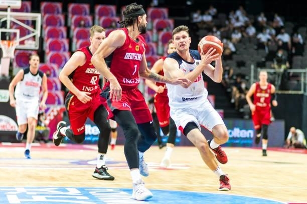 Ivan Ukhov of Russia dribling the ball during the 2020 FIBA Men's Olympic Qualifying Tournament game between Russia and Germany at Spaladium Arena on...