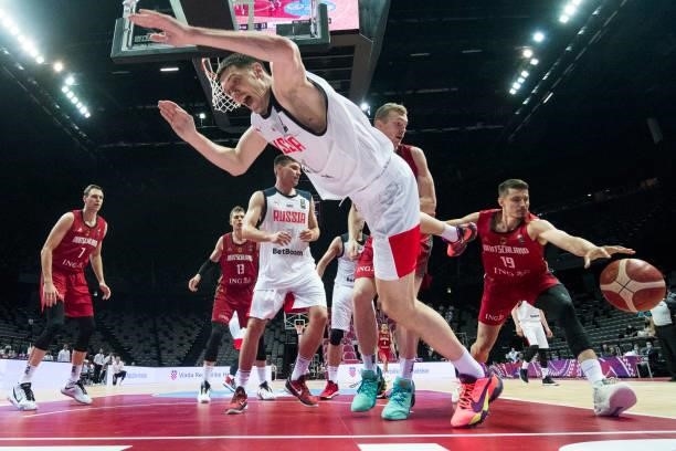 Semen Antonov of Russia falling on the flor during the 2020 FIBA Men's Olympic Qualifying Tournament game between Russia and Germany at Spaladium...