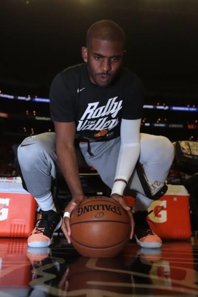 Chris Paul of the Phoenix Suns looks on before the game against the LA Clippers during Game 6 of the Western Conference Finals of the 2021 NBA...