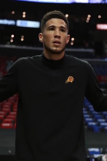 Devin Booker of the Phoenix Suns warms up before the game against the LA Clippers during Game 6 of the Western Conference Finals of the 2021 NBA...