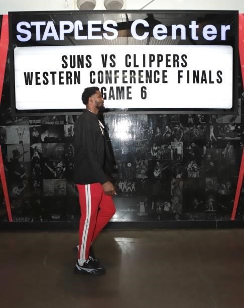 Deandre Ayton of the Phoenix Suns arrives to the arena before the game against the LA Clippers during Game 6 of the Western Conference Finals of the...