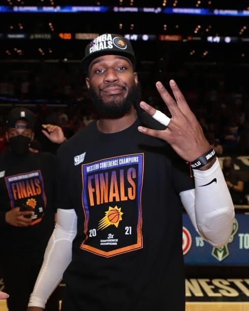 Jae Crowder of the Phoenix Suns celebrates after winning the Western Conference Finals of the 2021 NBA Playoffs on June 30, 2021 at STAPLES Center in...