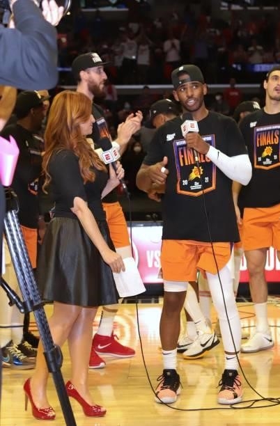 Chris Paul of the Phoenix Suns is interviewed by ESPN sideline reporter, Rachel Nichols after winning the Western Conference Finals of the 2021 NBA...
