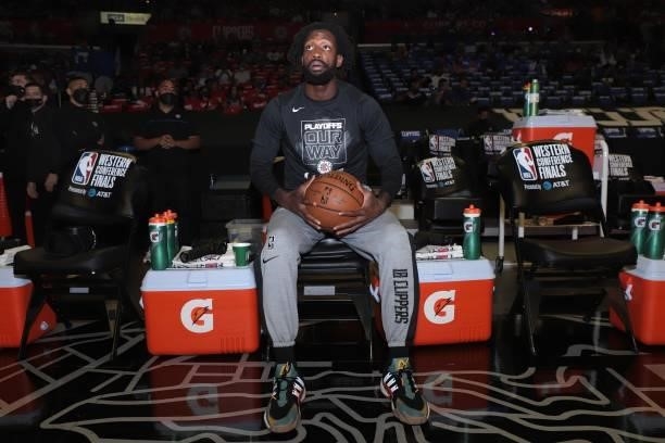 Patrick Beverley of the LA Clippers looks on before the game against the Phoenix Suns during Game 6 of the Western Conference Finals of the 2021 NBA...