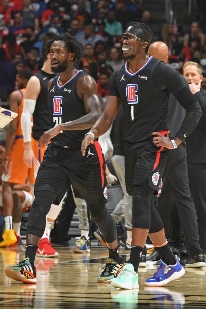 Patrick Beverley and Reggie Jackson of the LA Clippers look on during Game 6 of the Western Conference Finals of the 2021 NBA Playoffs on June 30,...