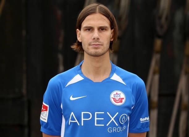 Tobias Schwede of FC Hansa Rostock poses during the team presentation on July 1, 2021 in Wismar, Germany.