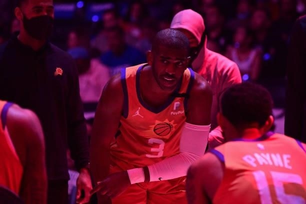 Chris Paul of the Phoenix Suns huddles with the team during Game 6 of the Western Conference Finals of the 2021 NBA Playoffs on June 30, 2021 at...