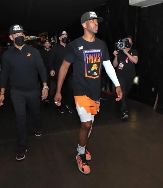 Chris Paul of the Phoenix Suns leaves the arena after winning the Western Conference Finals of the 2021 NBA Playoffs on June 30, 2021 at STAPLES...