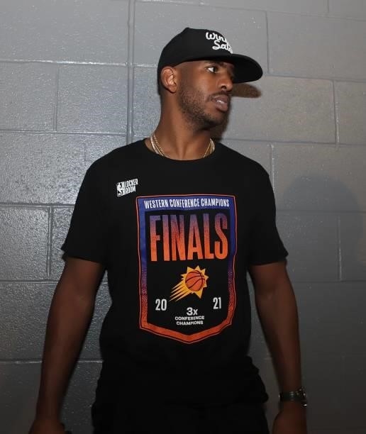 Chris Paul of the Phoenix Suns after winning the Western Conference Finals of the 2021 NBA Playoffs on June 30, 2021 at STAPLES Center in Los...