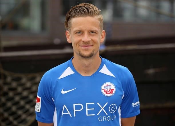 Bentley Baxter Bahn of FC Hansa Rostock poses during the team presentation on July 1, 2021 in Wismar, Germany.