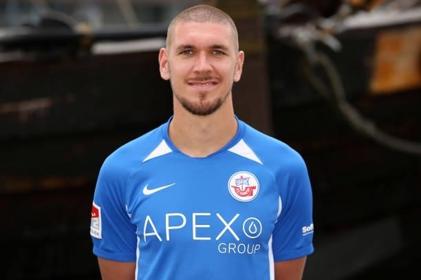 Damian Rossbach of FC Hansa Rostock poses during the team presentation on July 1, 2021 in Wismar, Germany.