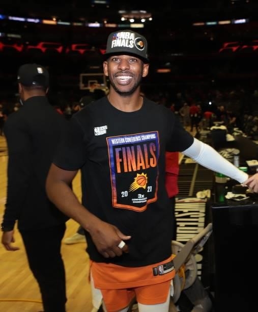 Chris Paul of the Phoenix Suns smiles after winning the Western Conference Finals of the 2021 NBA Playoffs on June 30, 2021 at STAPLES Center in Los...