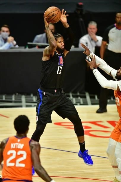 Paul George of the LA Clippers passes the ball during Game 6 of the Western Conference Finals of the 2021 NBA Playoffs on June 30, 2021 at STAPLES...