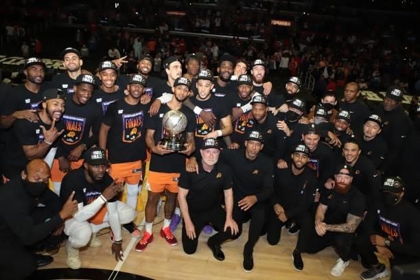The Phoenix Suns pose for a photo with the Western Conference Finals Trophy during Game 6 of the Western Conference Finals of the 2021 NBA Playoffs...