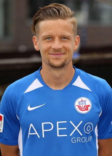 Bentley Baxter Bahn of FC Hansa Rostock poses during the team presentation on July 1, 2021 in Wismar, Germany.