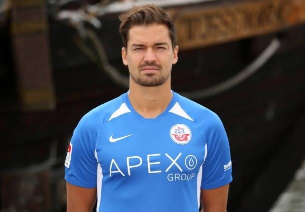 Julian Riedel of FC Hansa Rostock poses during the team presentation on July 1, 2021 in Wismar, Germany.
