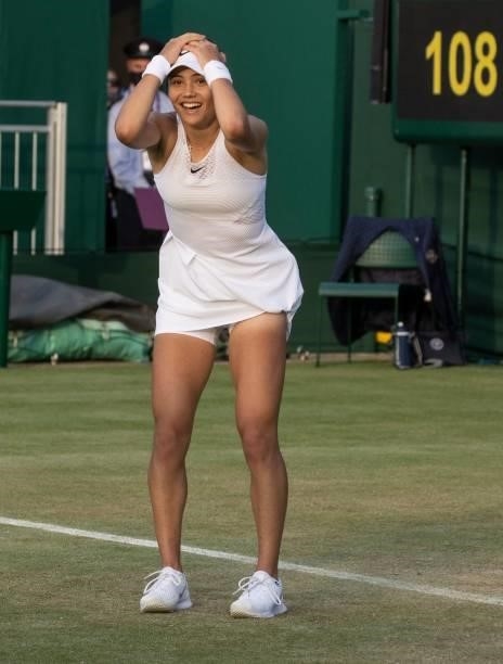 Britain's Emma Raducanu celebrates winning against Czech Republic's Marketa Vondrousova during their women's singles second round match on the fourth...