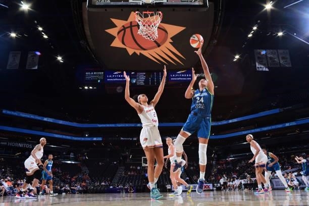 Napheesa Collier of the Minnesota Lynx shoots the ball against the Phoenix Mercury on June 30, 2021 at Phoenix Suns Arena in Phoenix, Arizona. NOTE...