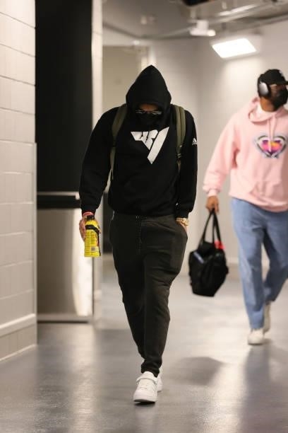 Trae Young of the Atlanta Hawks arrives to the arena before Game 5 of the Eastern Conference Finals of the 2021 NBA Playoffs on July 1, 2021 at the...