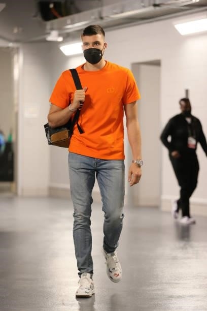 Bogdan Bogdanovic of the Atlanta Hawks arrives to the arena before Game 5 of the Eastern Conference Finals of the 2021 NBA Playoffs on July 1, 2021...