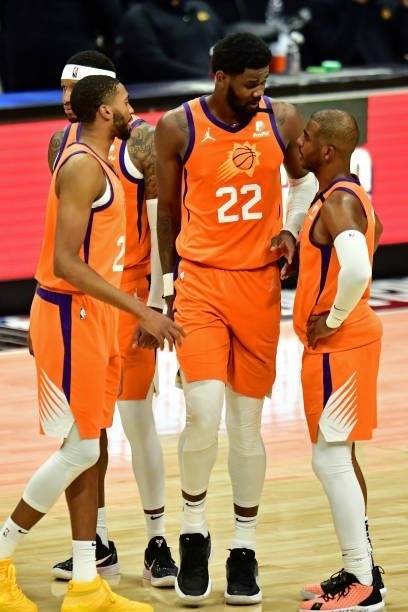 Mikal Bridges, Deandre Ayton and Chris Paul of the Phoenix Suns talk during the game against the LA Clippers during Game 6 of the Western Conference...