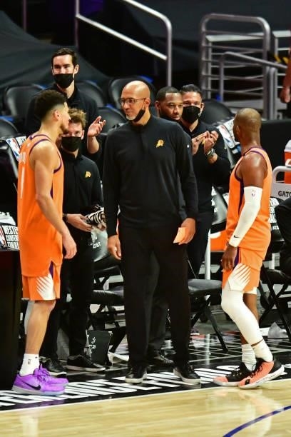 Head Coach, Monty Williams of the Phoenix Suns talks to his players during the game against the LA Clippers during Game 6 of the Western Conference...