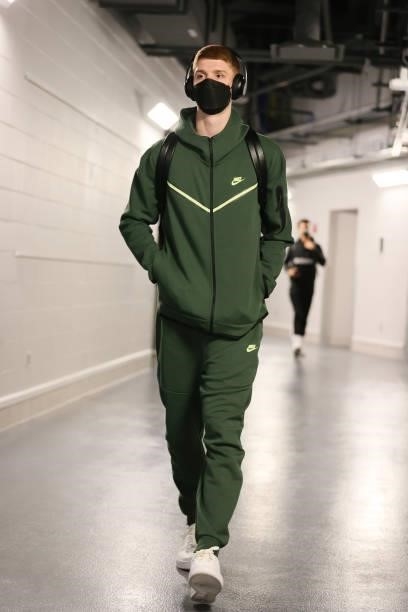 Kevin Huerter of the Atlanta Hawks arrives to the arena before Game 5 of the Eastern Conference Finals of the 2021 NBA Playoffs on July 1, 2021 at...