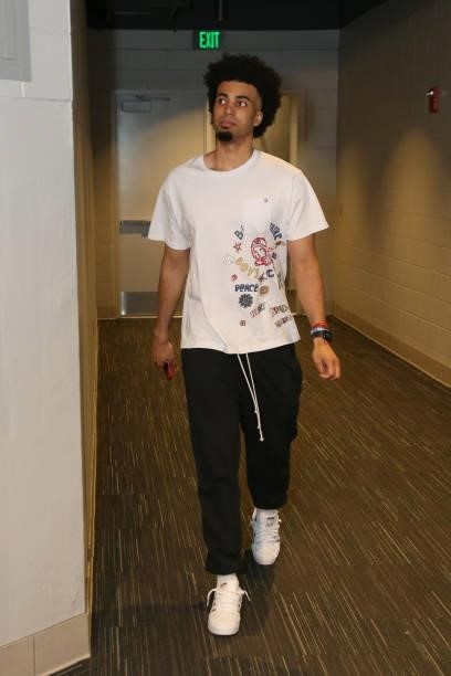 Jordan Nwora of the Milwaukee Bucks arrives to the arena before the game against the Atlanta Hawks during Game 5 of the Eastern Conference Finals of...