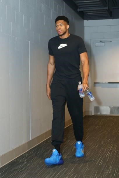 Giannis Antetokounmpo of the Milwaukee Bucks arrives to the arena before the game against the Atlanta Hawks during Game 5 of the Eastern Conference...
