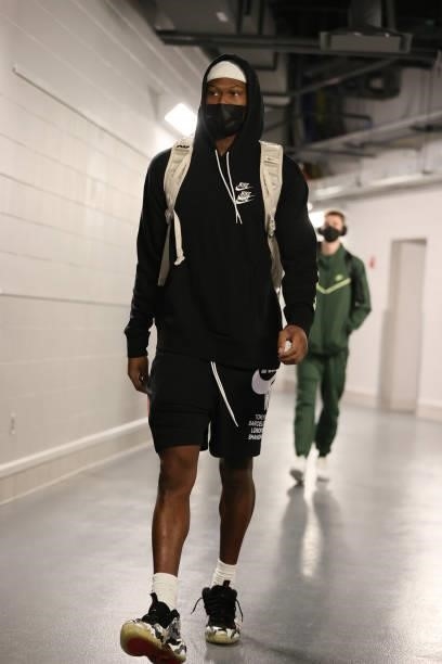 Cam Reddish of the Atlanta Hawks arrives to the arena before Game 5 of the Eastern Conference Finals of the 2021 NBA Playoffs on July 1, 2021 at the...