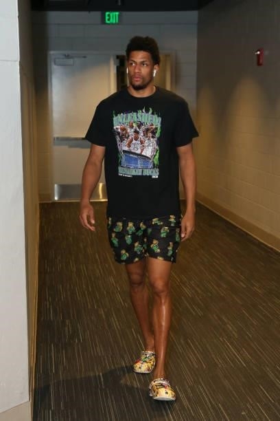 Axel Toupane of the Milwaukee Bucks arrives to the arena before the game against the Atlanta Hawks during Game 5 of the Eastern Conference Finals of...
