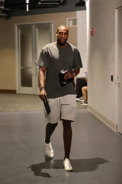 Khris Middleton of the Milwaukee Bucks arrives to the arena before Game 5 of the Eastern Conference Finals of the 2021 NBA Playoffs on July 1, 2021...