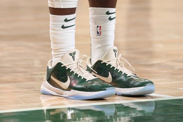 The sneakers of Jrue Holiday of the Milwaukee Bucks during Game 5 of the Eastern Conference Finals of the 2021 NBA Playoffs on July 1, 2021 at the...