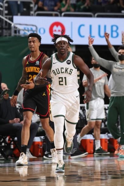 Jrue Holiday of the Milwaukee Bucks celebrates during Game 5 of the Eastern Conference Finals of the 2021 NBA Playoffs on July 1, 2021 at the Fiserv...