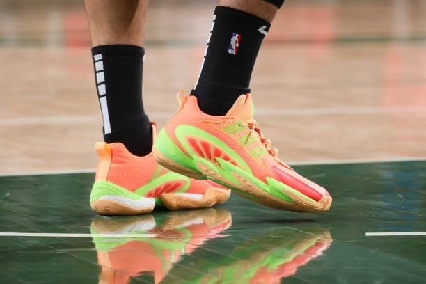 The sneakers worn by Bogdan Bogdanovic of the Atlanta Hawks during Game 5 of the Eastern Conference Finals of the 2021 NBA Playoffs on July 1, 2021...