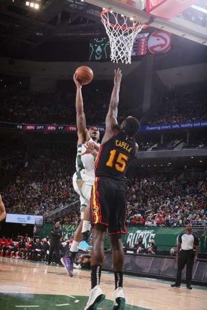Jeff Teague of the Milwaukee Bucks drives to the basket against the Atlanta Hawks during Game 5 of the Eastern Conference Finals of the 2021 NBA...
