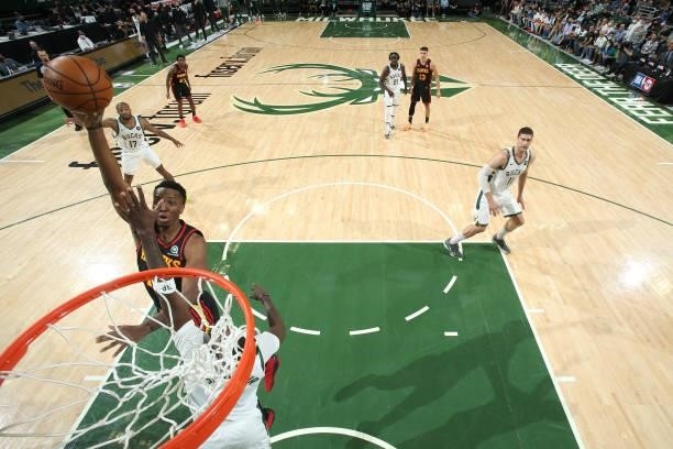 Onyeka Okongwu of the Atlanta Hawks drives to the basket against the Milwaukee Bucks during Game 5 of the Eastern Conference Finals of the 2021 NBA...