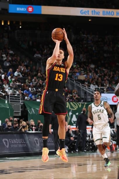Bogdan Bogdanovic of the Atlanta Hawks shoots the ball against the Milwaukee Bucks during Game 5 of the Eastern Conference Finals of the 2021 NBA...