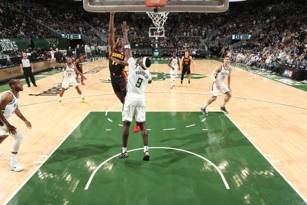 Onyeka Okongwu of the Atlanta Hawks drives to the basket against the Milwaukee Bucks during Game 5 of the Eastern Conference Finals of the 2021 NBA...