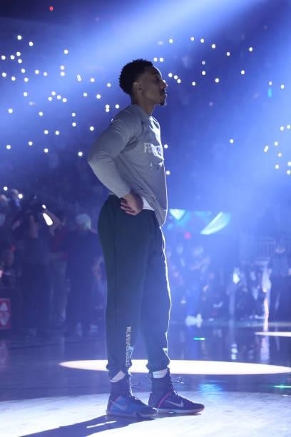 Jeff Teague of the Milwaukee Bucks looks on before Game 5 of the Eastern Conference Finals of the 2021 NBA Playoffs on July 1, 2021 at the Fiserv...