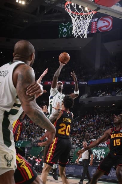 Bobby Portis of the Milwaukee Bucks shoots the ball against the Atlanta Hawks during Game 5 of the Eastern Conference Finals of the 2021 NBA Playoffs...