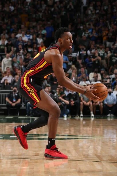 Onyeka Okongwu of the Atlanta Hawks passes the ball during Game 5 of the Eastern Conference Finals of the 2021 NBA Playoffs on July 1, 2021 at the...