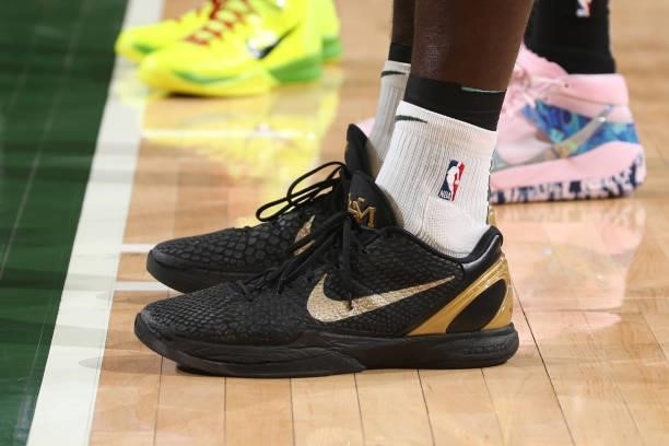 The sneakers of Bobby Portis of the Milwaukee Bucks during Game 5 of the Eastern Conference Finals of the 2021 NBA Playoffs on July 1, 2021 at the...
