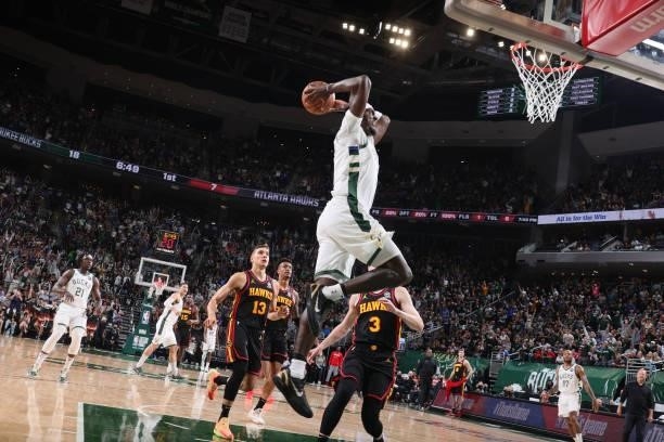 Bobby Portis of the Milwaukee Bucks dunks the ball against the Atlanta Hawks during Game 5 of the Eastern Conference Finals of the 2021 NBA Playoffs...