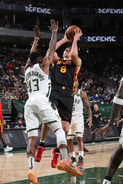 Danilo Gallinari of the Atlanta Hawks shoots the ball against the Milwaukee Bucks during Game 5 of the Eastern Conference Finals of the 2021 NBA...