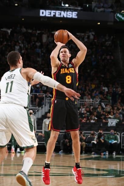 Danilo Gallinari of the Atlanta Hawks shoots a three point basket against the Milwaukee Bucks during Game 5 of the Eastern Conference Finals of the...