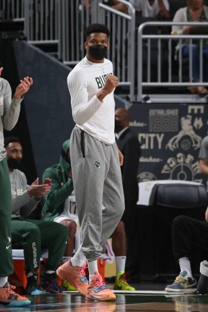 Giannis Antetokounmpo of the Milwaukee Bucks celebrates during Game 5 of the Eastern Conference Finals of the 2021 NBA Playoffs on July 1, 2021 at...