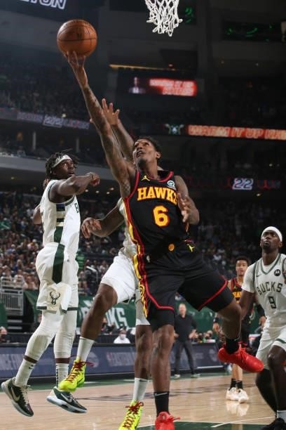 Lou Williams of the Atlanta Hawks drives to the basket against the Milwaukee Bucks during Game 5 of the Eastern Conference Finals of the 2021 NBA...